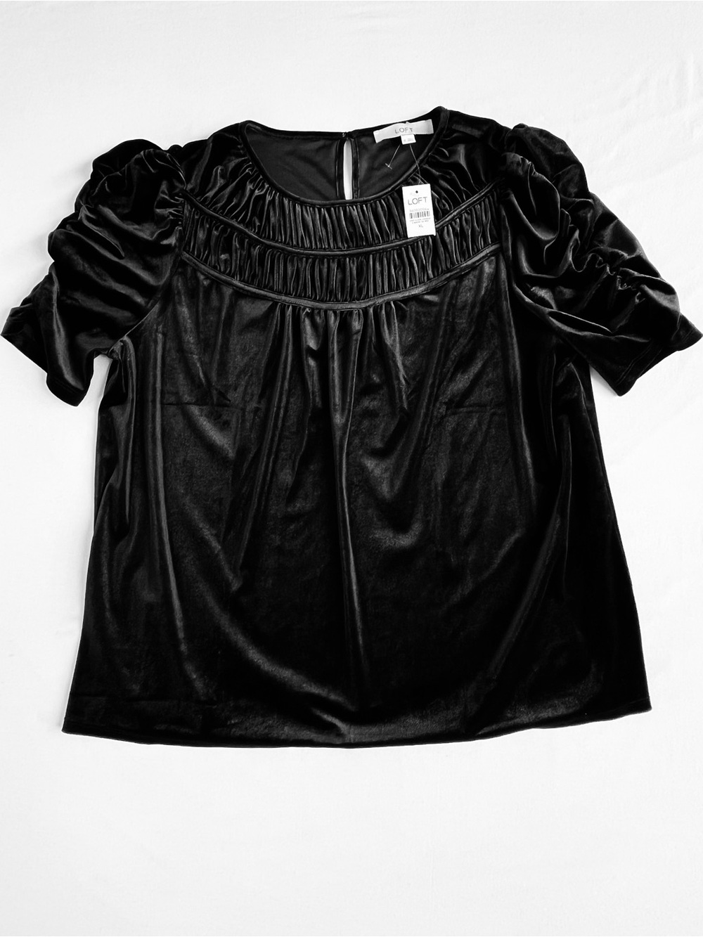 LOFT Woman Black Velvet Smocked Puff Sleeve Goth Victorian Top Blouse Size XL